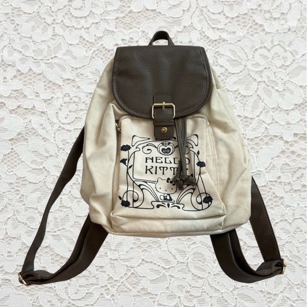 rare vintage y2k hello kitty cream drawstring mini backpack with brown straps